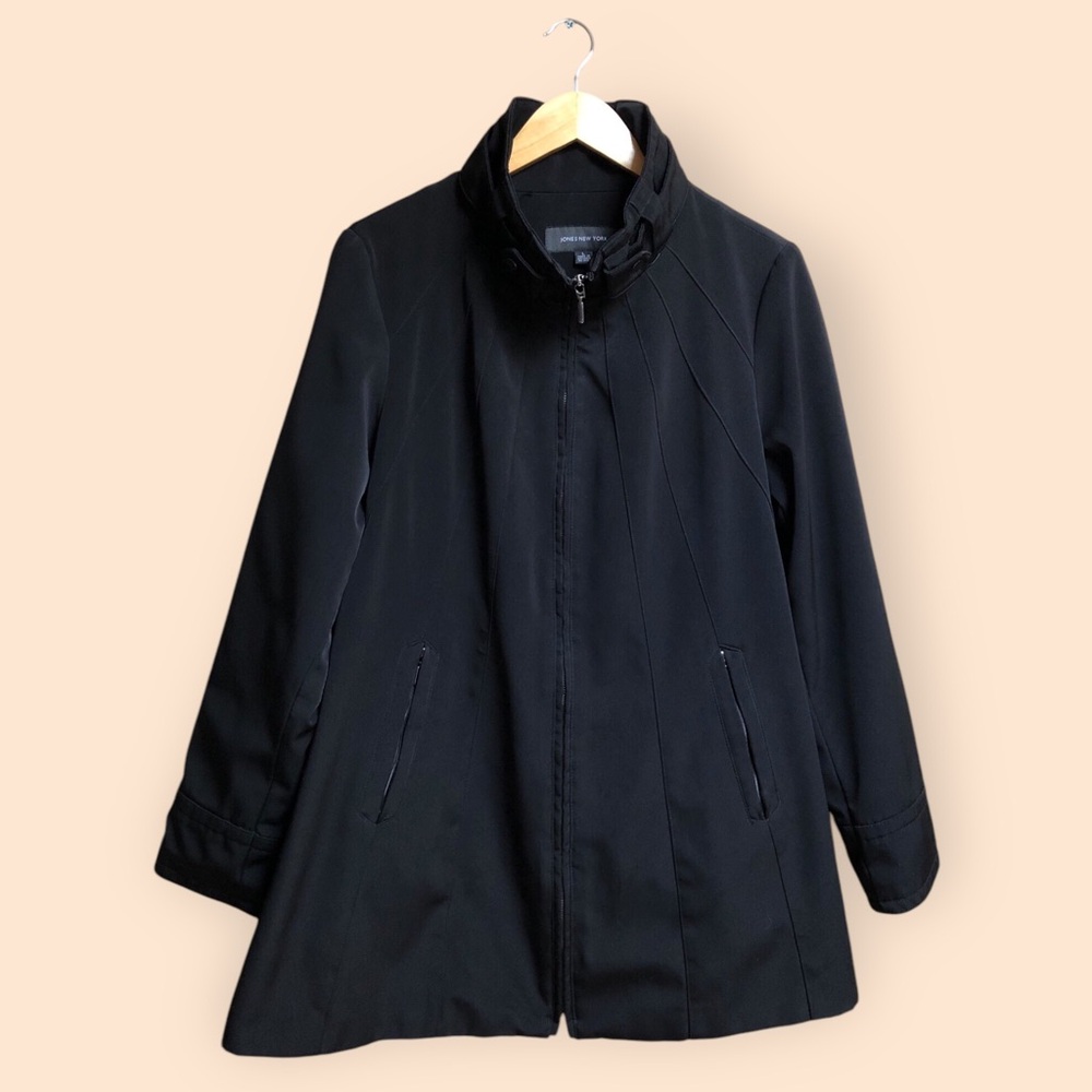 Jones New York Black Full Zip Classic Coat Mature Vintage Y2K City Sleek Women L
